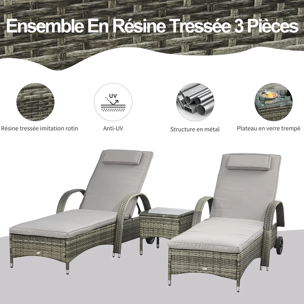 Ensemble Détente Terrasse : 2 Transats Confortables et Table Basse