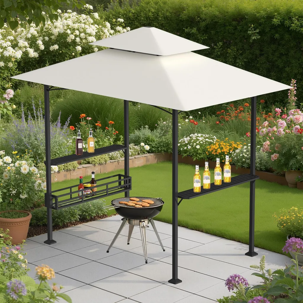 Kiosque de Barbecue Ikodm Double Toit Beige 238x148x250cm avec Crochets