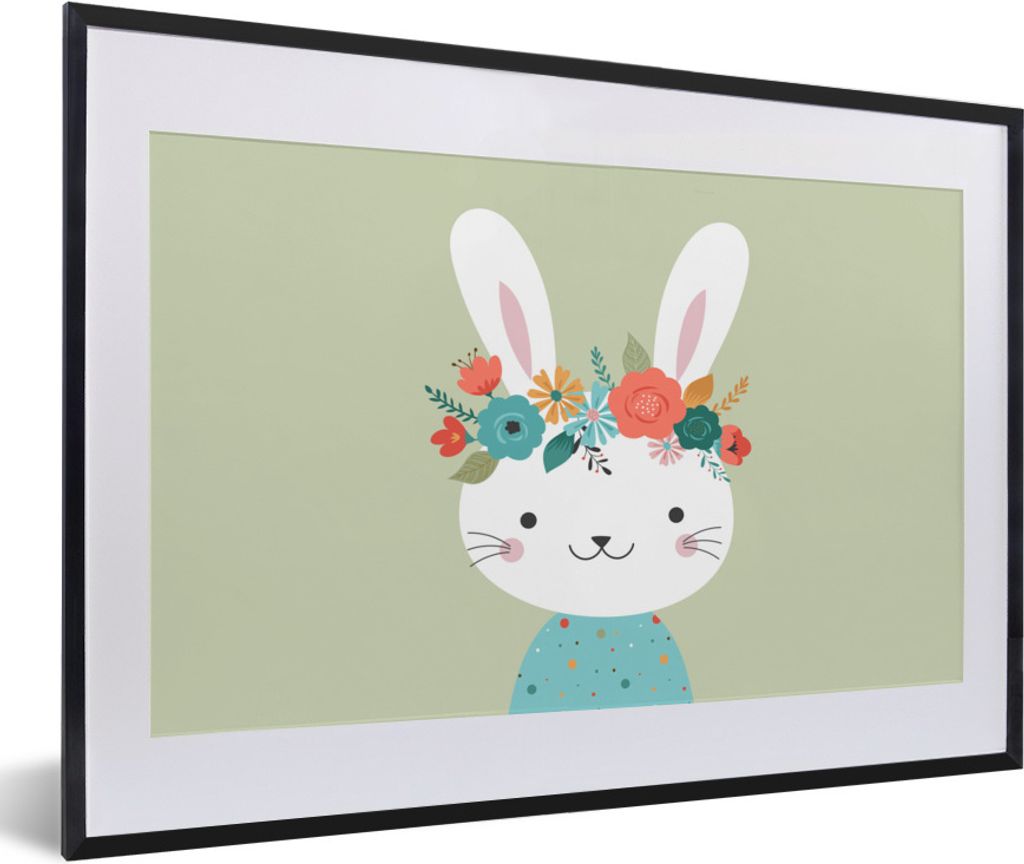 MuchoWow Gerahmtes Poster Kaninchen - Sommer - Blumen 60x40 cm - Poster mit Schwarzem Bilderrahmen Wandposter Rahmen Foto Bilder - Schlafzimmer -...