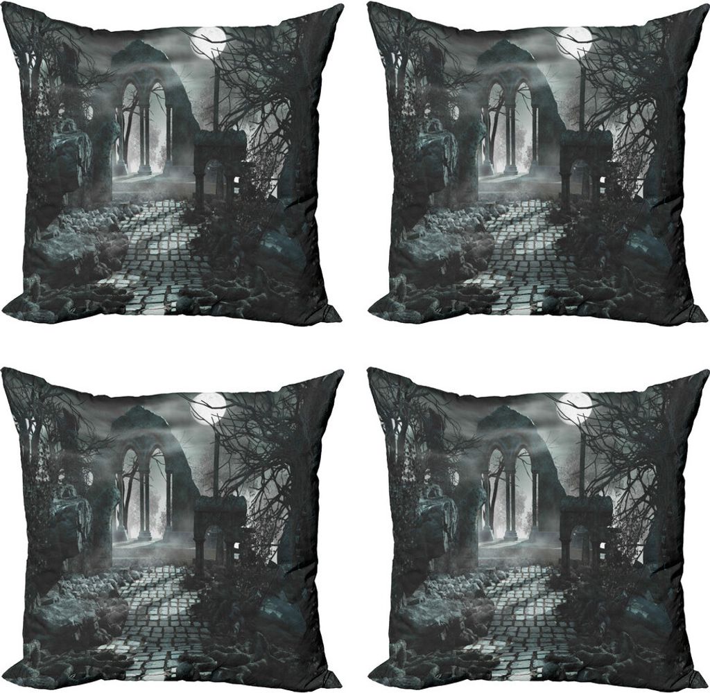 ABAKUHAUS gotisch Kissenbezug Set (4 Stück), Moon View in Scary Dunkel, Moderner Doppelseitiger Digitaldruck, 50 cm x 50 cm, Blau grau