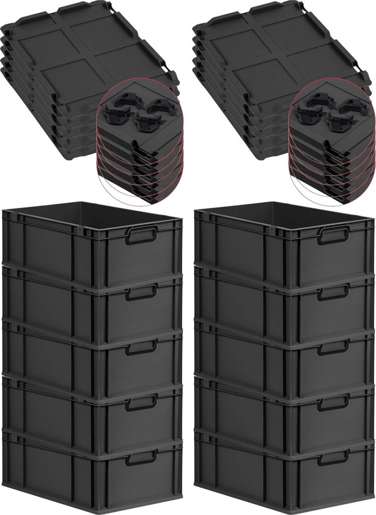 SparSet 10x Eurobox NextGen Color mit Auflagedeckel und Schiebeschnappverschlüsse | HxBxT 22x40x60cm | 44 Liter | Schwarz | Griffe schwarz geschlo...