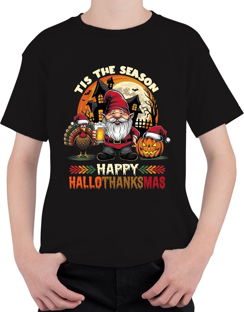 Happy Hallothanksmas Gnome Turkey Jack O Lantern Haunted Pumpkin Uni Kinder T-Shirt, Schwarz, 152