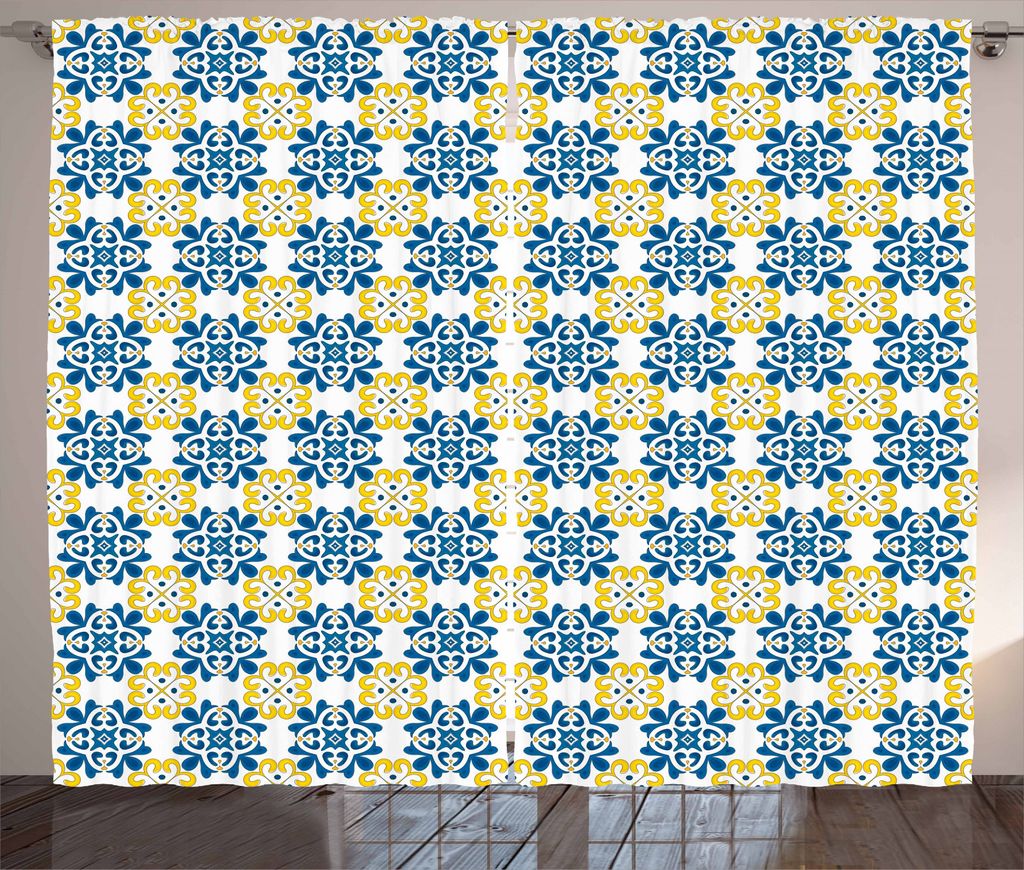ABAKUHAUS Spanisch Rustikaler Gardine, Portugiesisch-Mosaik-Fliesen, Schlafzimmer Kräuselband Vorhang mit Schlaufen und Haken, 280 x 245 cm, Weiß...