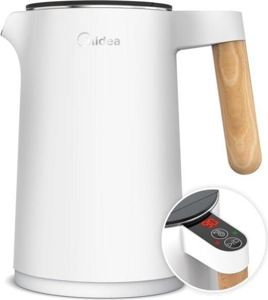 A white electric kettle with a wood-effect handle is shown against a white background.