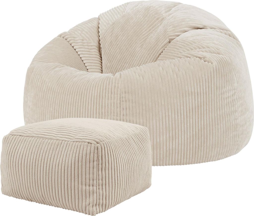 icon Klassischer Sitzsack Bean Bag mit Hocker, Cord Kuschelstuhl Sitzsäcke Für Das Wohnzimmer, Beige - Hergestellt in Deutschland