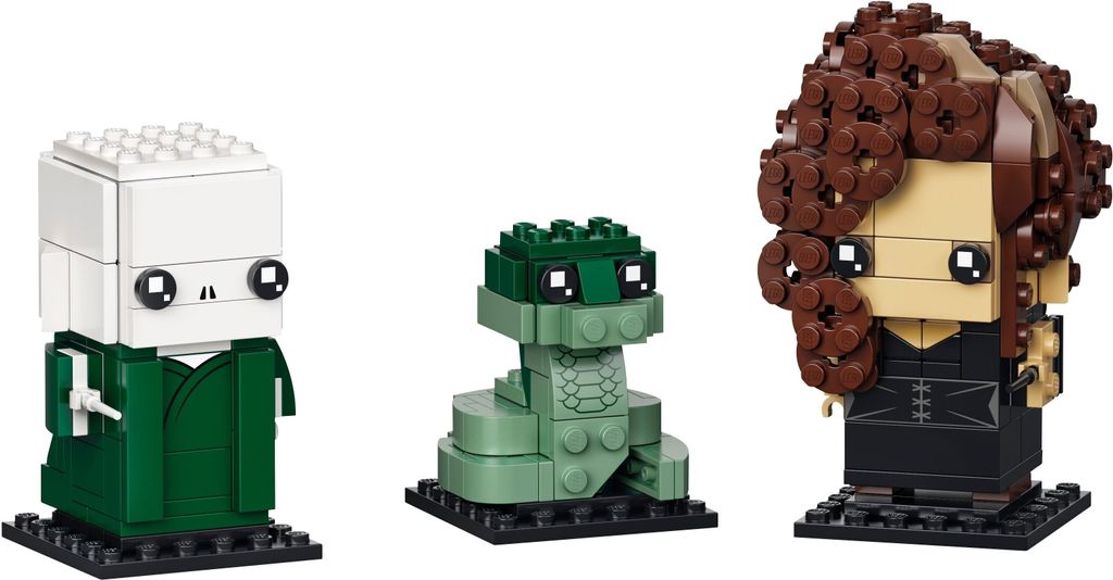 Three LEGO BrickHeadz figures of Voldemort, Nagini, and Bellatrix Lestrange are displayed against a white background.