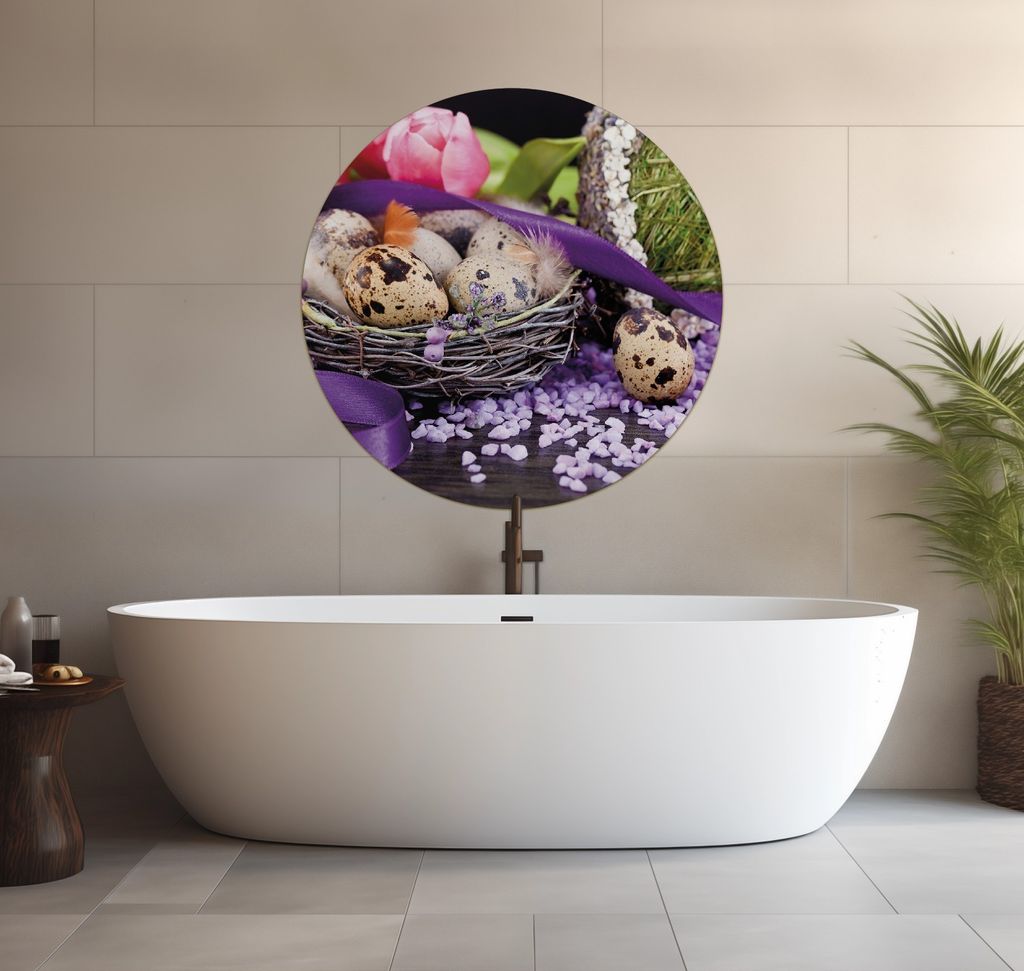 Wallario wasserfestes Poster selbstklebend 90 x 90 cm, Ostern - Stillleben II - Bunte Eier, Herzen und Tulpen, Badezimmerposter Spritzschutz mit Ho...