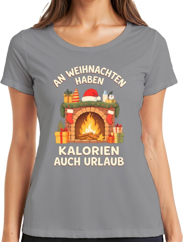 An Weihnachten haben Kalorien auch Urlaub Geschenk lustig Kamin Damen T-Shirt, Grau, XL