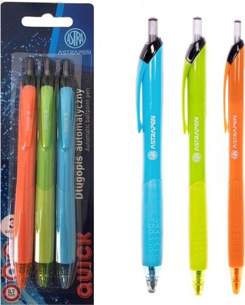 3Stück - ASTRAPEN QUICK, Kugelschreiber 0,7mm, blau, Blister, Mischfarben, 201022026