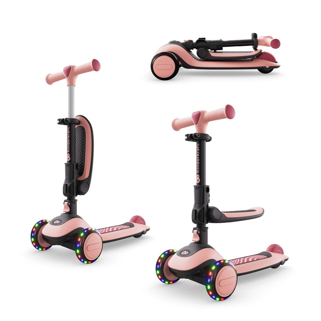 Kinderkraft HALLEY 2 – 2-in-1 Balance-Kinderroller mit Sitz 25–33 cm, höhenverstellbar, LED-Räder, klappbar, 4 Lenkerhöhen, Rosa