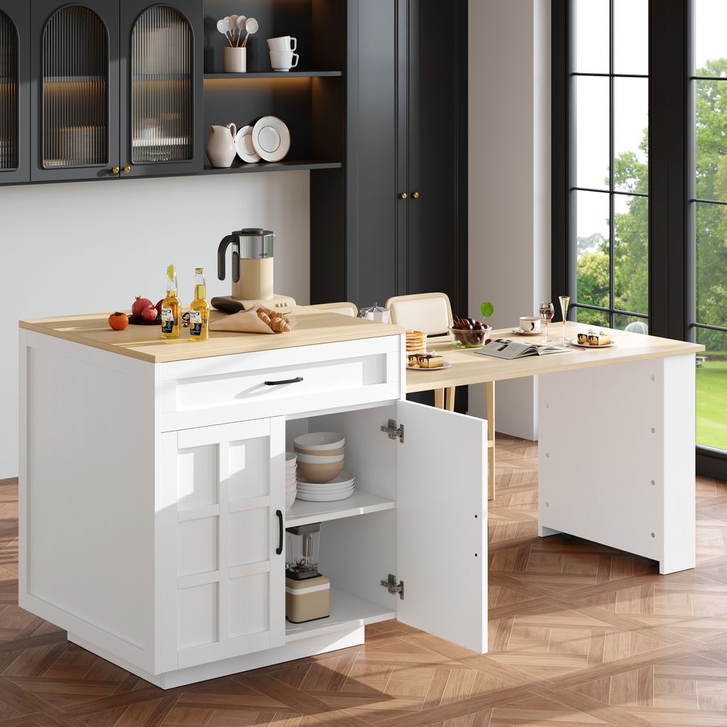 MODFU Sideboard,Kommode,Kücheninsel,Ausziehbarer Tisch mit Stauraum,mit 2 Schubladen und 4 Fächern, mit seitlichen Ablagen, weiß