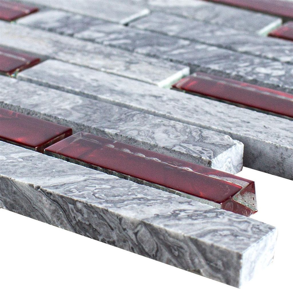 Glas Naturstein Mosaik Fliesen Sinop Grau Rot Brick