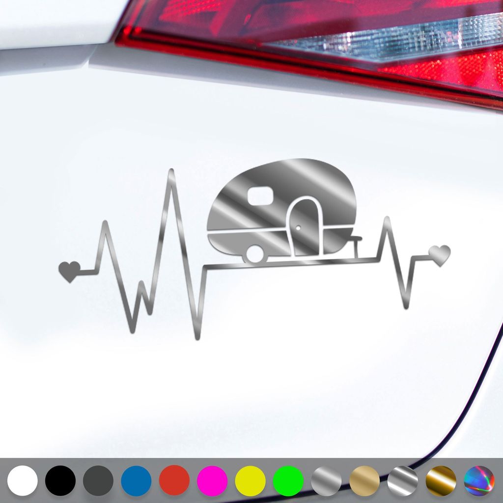PantherPixel Wohnwagen Herzschlag Aufkleber Camping Wohnmobil Sticker Auto Geschenkidee Farbe Chrom-Silber