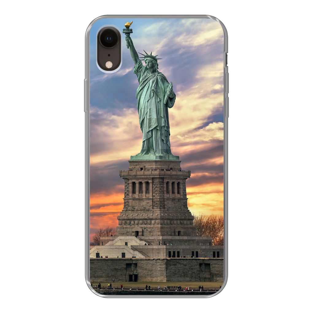 MuchoWow Handyhülle Schutzhülle Hülle für iPhone XR Freiheitsstatue in New York bei Sonnenuntergang Silikon Softcase Handy Hülle - Schutzdeckel