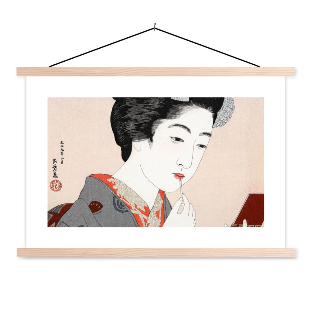 MuchoWow Textilposter Frau - Make-up - Japanisch - Vintage 150x100 cm mit holzfarbenen Rahmen - Posters