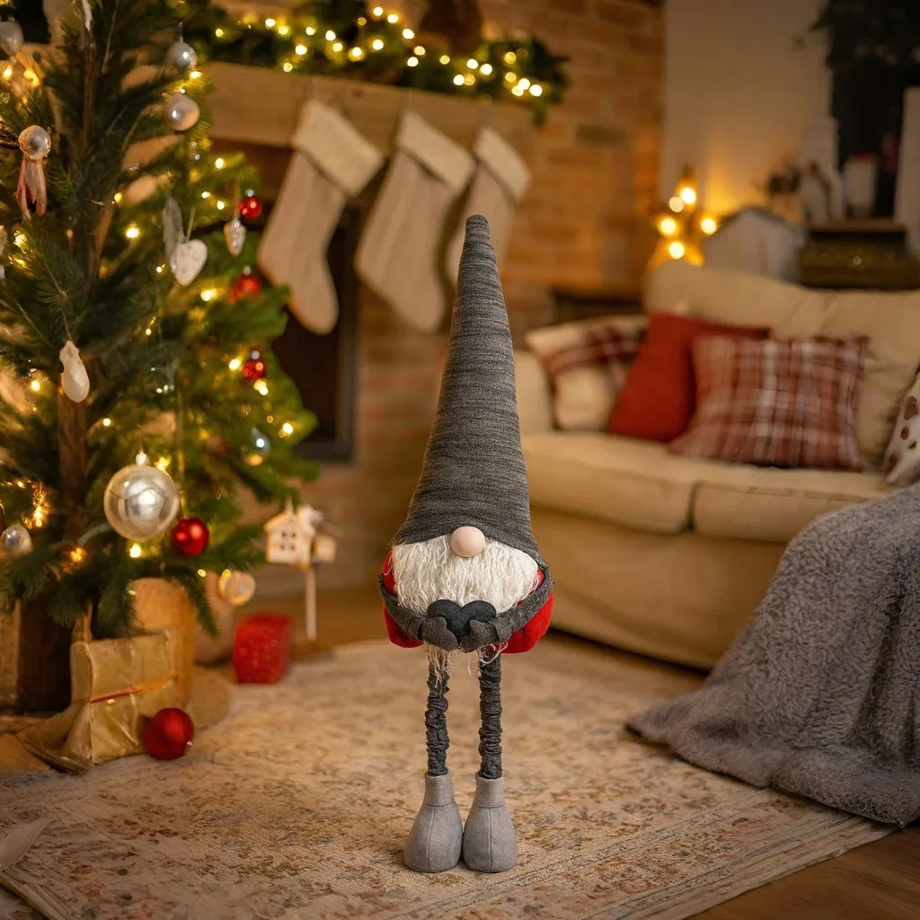 Nain de Noël stable 84 cm - Figurine ajustable qui ne tombe pas - Gris