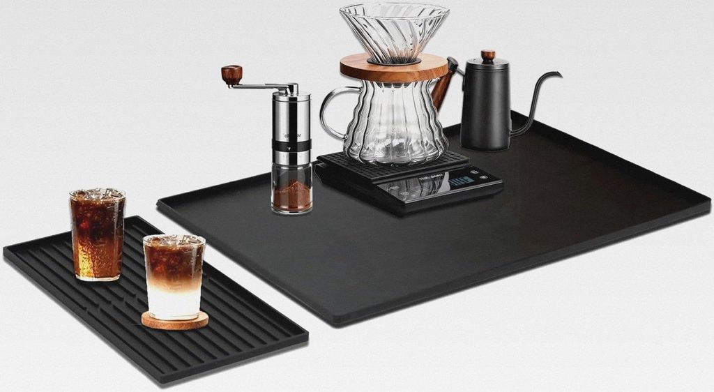 Unterlage Kaffeemaschine Silikon Matte 2-in-1 Kaffeevollautomat Abtropfmatte Schwarz Antirutschmatte für Kaffeemaschine, 61x40.5cm und 40x19 cm