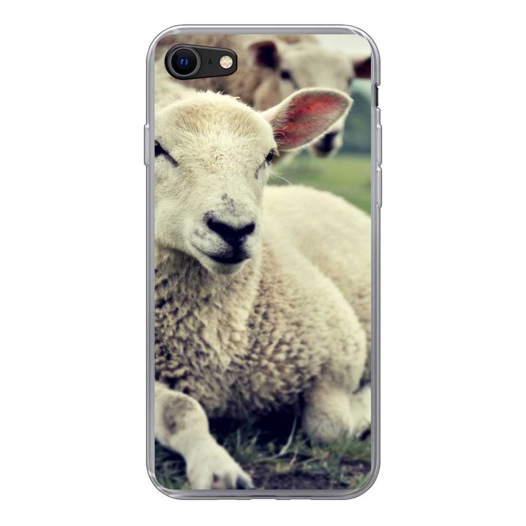 MuchoWow Handyhülle Schutzhülle Hülle für iPhone SE 2020 Schaf - Lamm - Gras Silikon Softcase Handy Hülle - Kartenbesitzer
