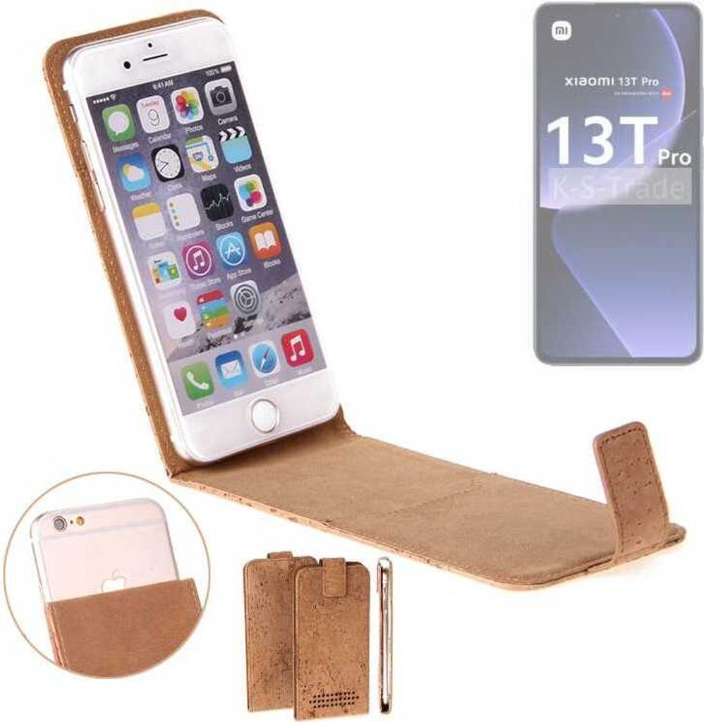 K-S-Trade Handyhülle kompatibel mit Xiaomi 13T Pro Kork Hülle Flipstyle Case Schutzhülle Kork Case Hülle Flip cover Klapphülle Klapp, braun 1x