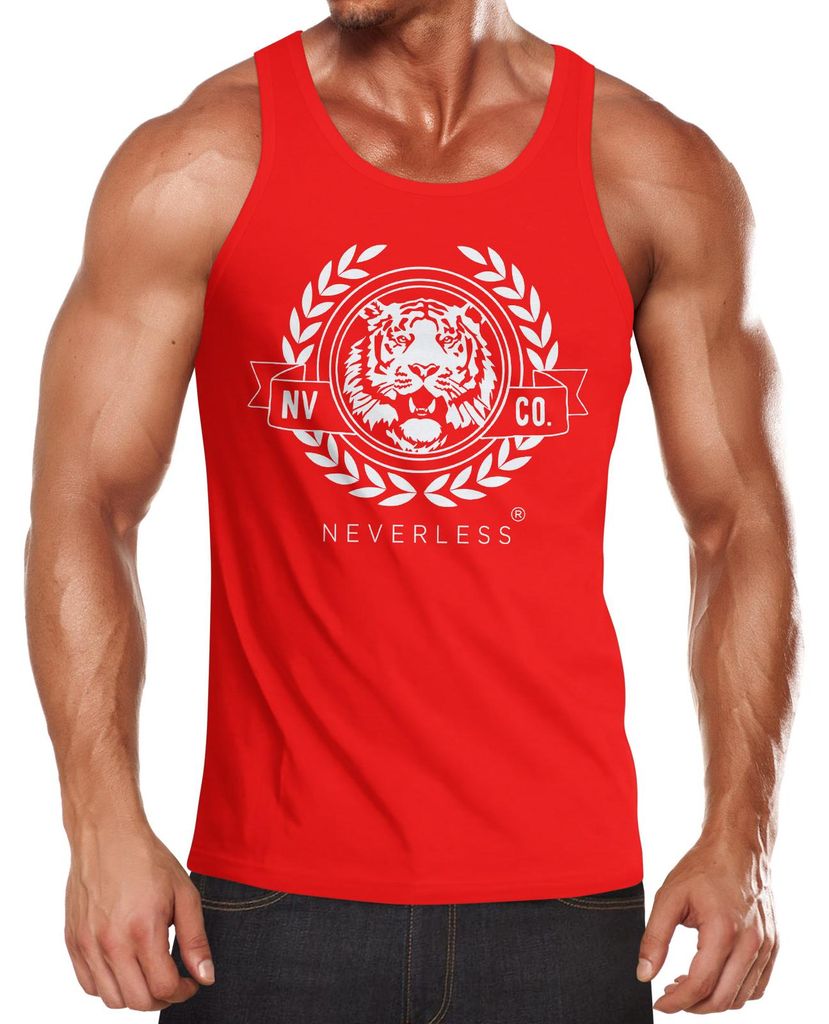 Herren Tank-Top Schriftzug Oldschool Print Tiger Bedruck Muskelshirt Muscle Shirt Neverless rot-weiß L