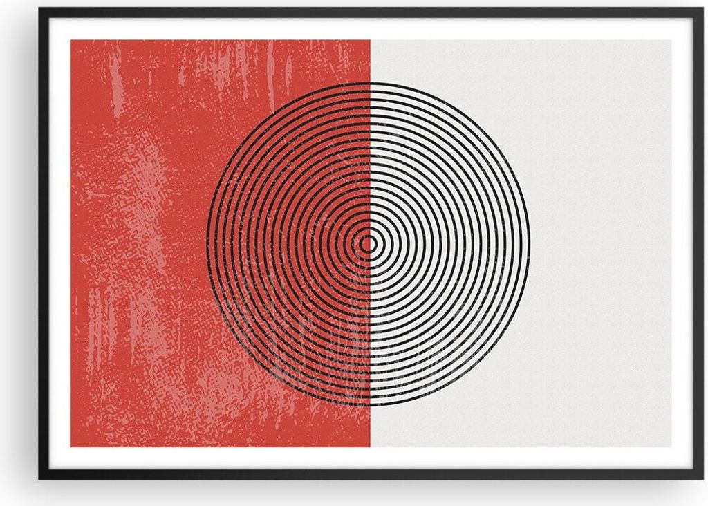 Gerahmtes Poster - Schwarzer Rahmen - Abstraktion Weiß-Rot Kreise - 100x70 cm - Wand Bild - Wanddeko - Wandbilder - Kunstposter - Wandposter - Bil...