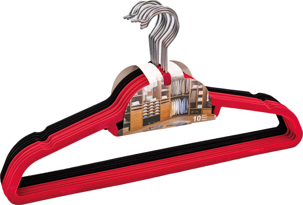 Kleiderbügel Geflockt, Rutschfest, Samtoptik, Krawattenhalter 10er Set (Rot/Schwarz)