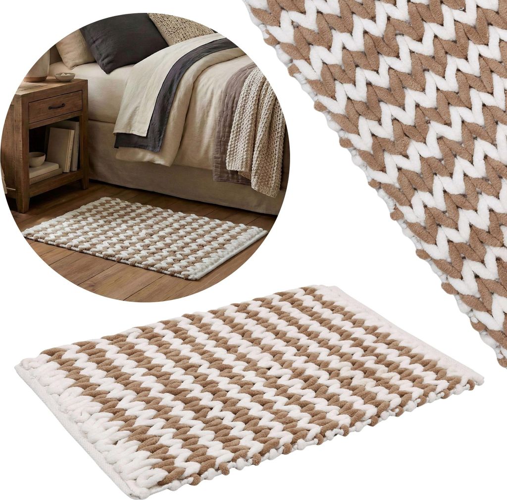 Braun und weiß Matte, Schlafzimmerteppich, geflochten 50x80 cm - SAUGFÄHIGE, plüschige Mikrofaser, HOHE Grammatur 50x80cm