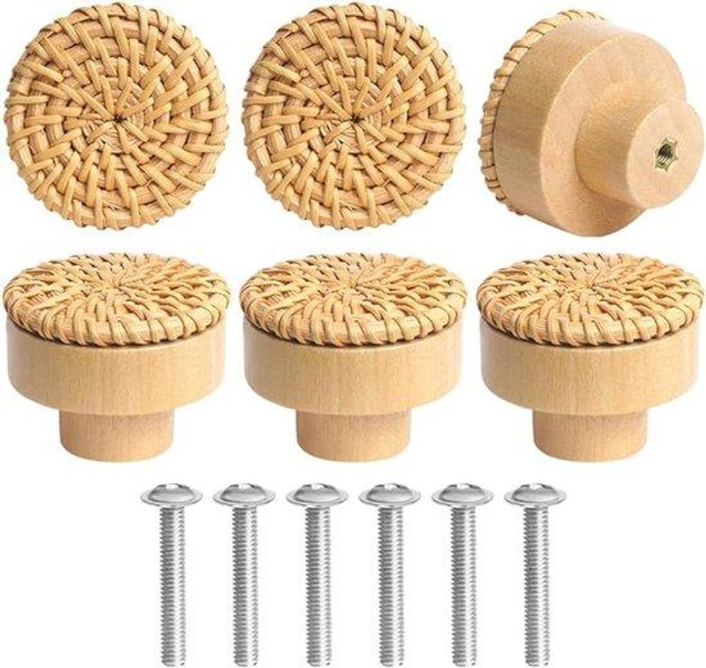 6 Stück Riet-Holz Möbelgriffe, Möbelhaken, Türknöpfe für Schränke, 40 mm Ladegriffe, für Innendekoration, Schrank, Kleiderschrank, Lade, K...