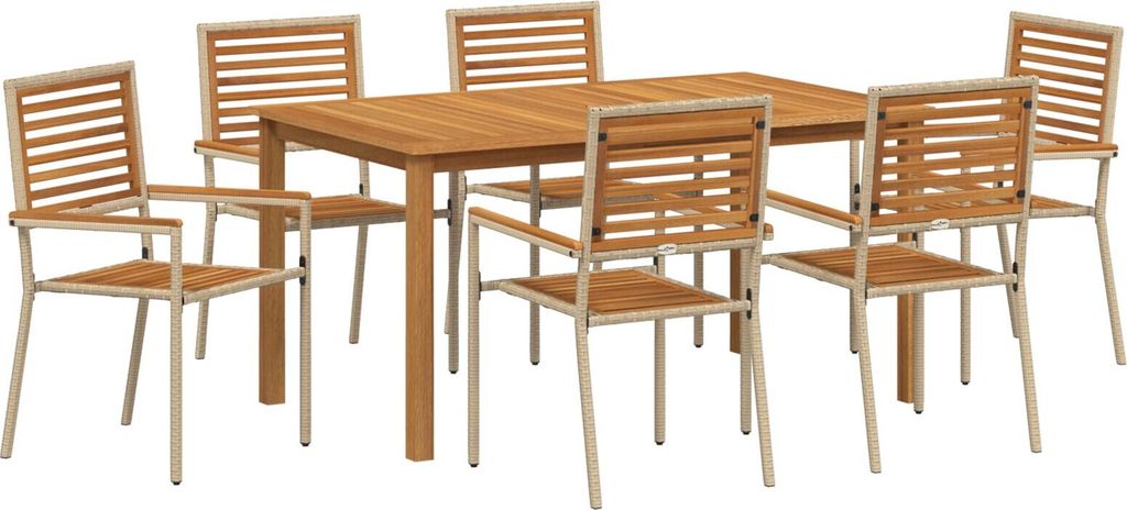 Möbel 7-teilige Garten-Essgruppe Beige Poly Rattan Akazie, Stapelbare Gartenstühle mit Kissen - Set aus 2 in Beige Poly Rattan - Gartenstühle 33...