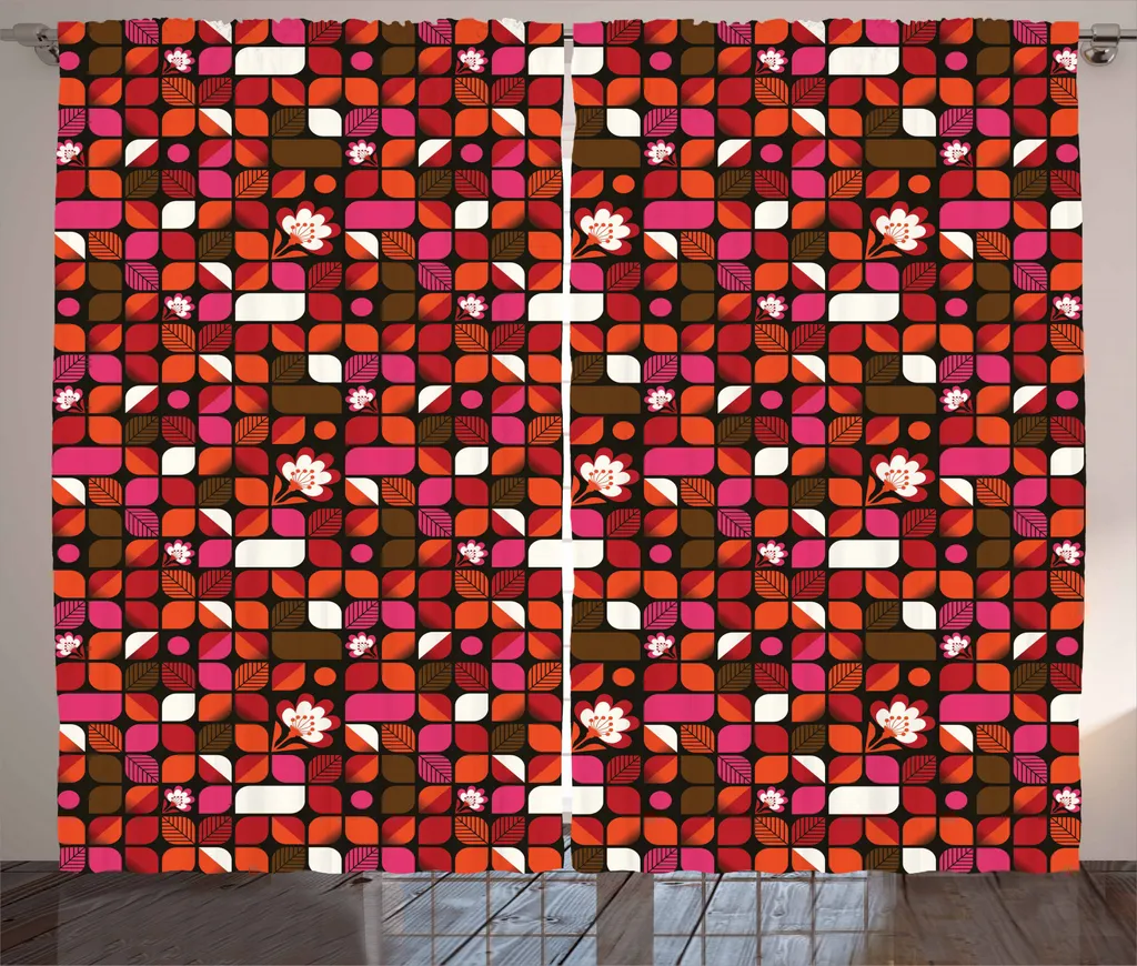 ABAKUHAUS Tenda minimalista rustica, Floral Vibrant Squares, Tende universali per soggiorno con passanti e ganci, 280 x 245 cm, Magenta Scarlet Black