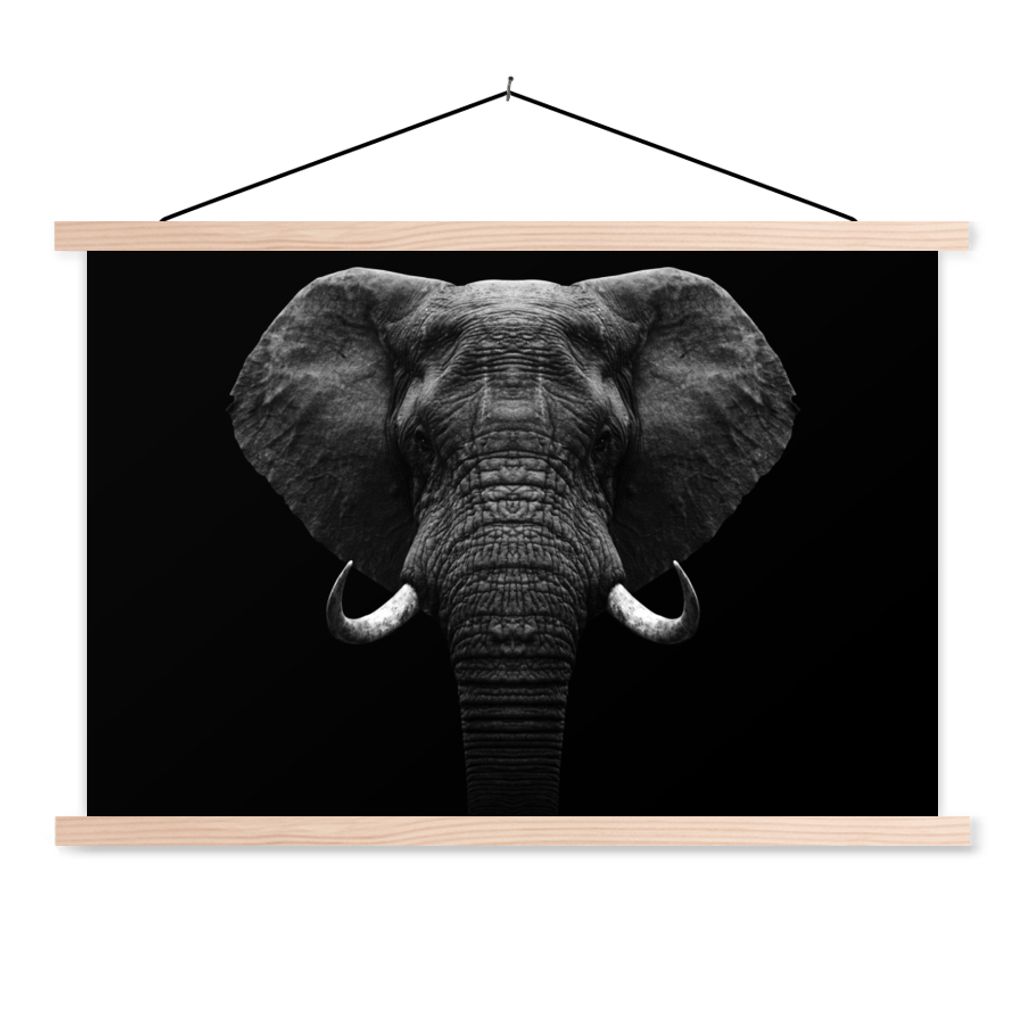 MuchoWow Textilposter Tiere - Elefant - Porträt - Schwarz - Weiß 60x40 cm mit holzfarbenen Rahmen - Bilder