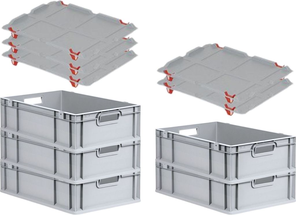 SuperSparSet 5x Eurobox NextGen Grip mit Auflagedeckel inkl. 4 roten Schiebeschnappverschlüssen | HxBxT 17x40x60cm | 34 Liter | Griffe offen | Gla...