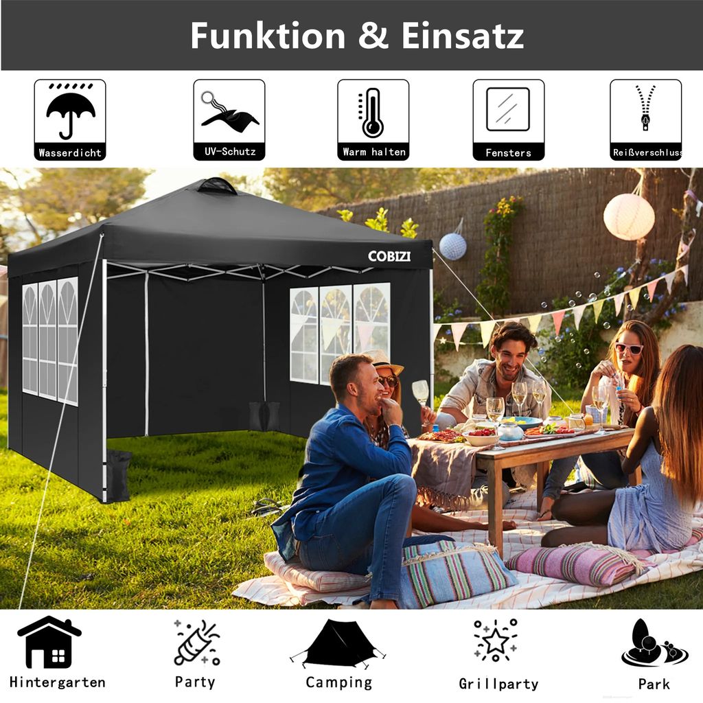 Pavillon mit 2 Seitenwänden und Fenster Höhenverstellbar Partys für Picknicks 3x3 Faltbarer Wasserdichter Pavillon und UV 50+ Schutz Outdoor-Aktivitäten 