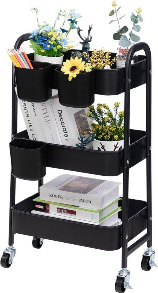 Dreifach-Rollwagen, 3-Etagen-Organizer, Metall, schwarzes, für Küche, Bad oder Büro, mit 3 Schubladen