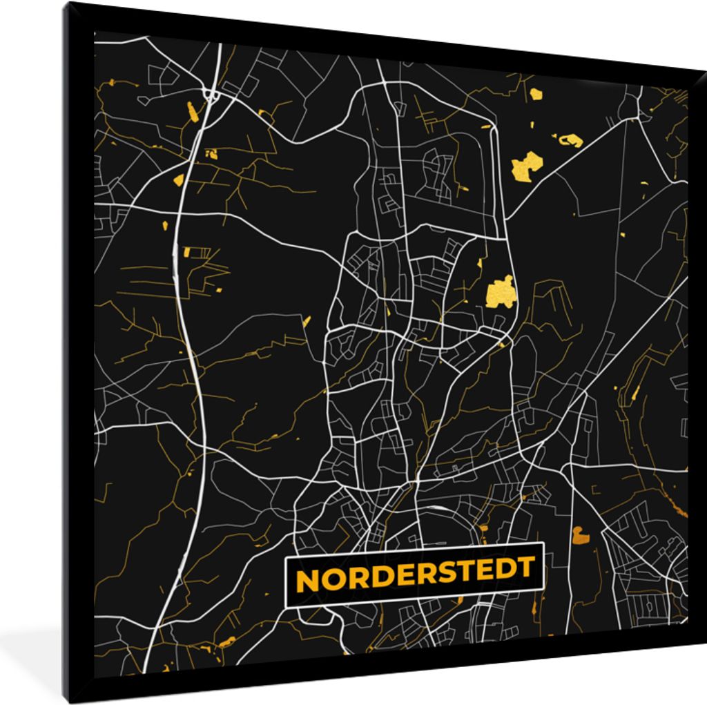 MuchoWow Gerahmtes Poster Deutschland - Schwarz und Gold - Norderstedt - Stadtplan - Karte 40x40 cm - Poster mit Schwarzem Bilderrahmen Wandposte...