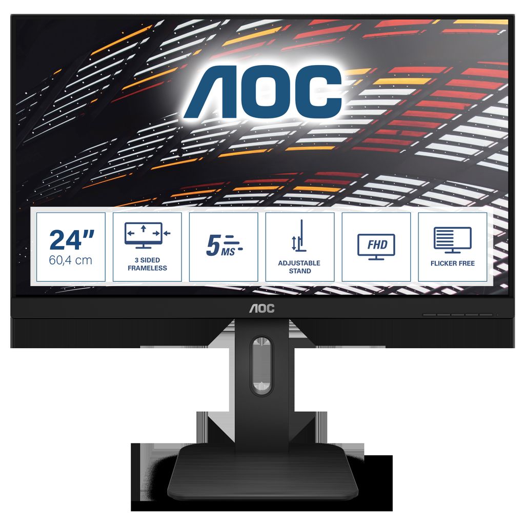 A marketing image of an AOC monitor with feature callouts.