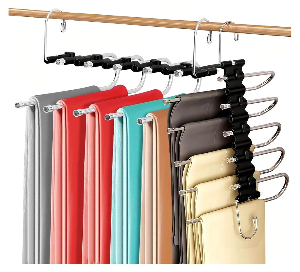 2 Stück platzsparende Hosenbügel aus Edelstahl, 5-in-1 faltbare Hosenkleiderbügel für den Schrank, rutschfester multifunktionaler Bügel für S...