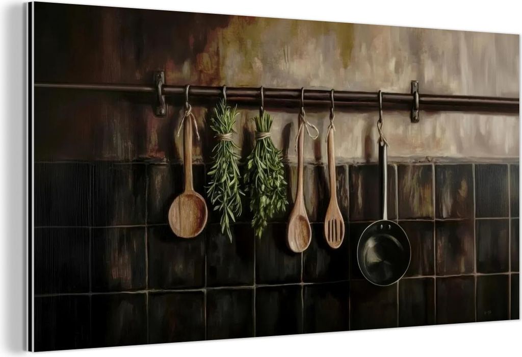 MuchoWow Wanddekoration Metall Metallbild Wandkunst 120x60 cm Küchengeräte - Rustikal - Kacheln - Gewürze MuchoWow Aluminium Gemälde - Metalbilder