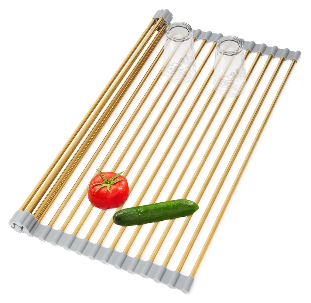 Égouttoir évier enroulable doré 45x34cm en acier inox haut de gamme