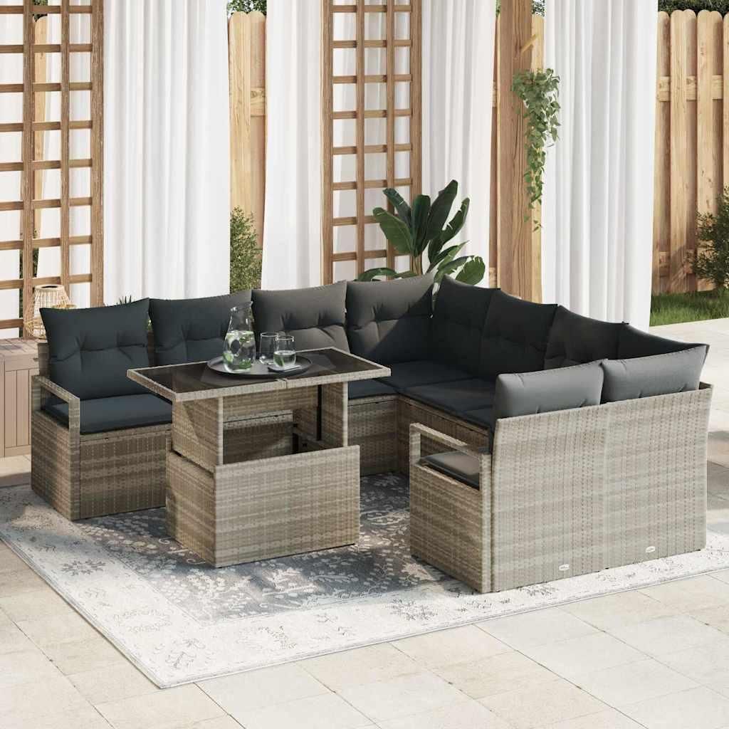"im Angebot" Garten-Sofa-Set mit Kissen 9 pcs - Terrassen-Sofa - Hellgrau Poly-Rattan - Gartensofas CC12692