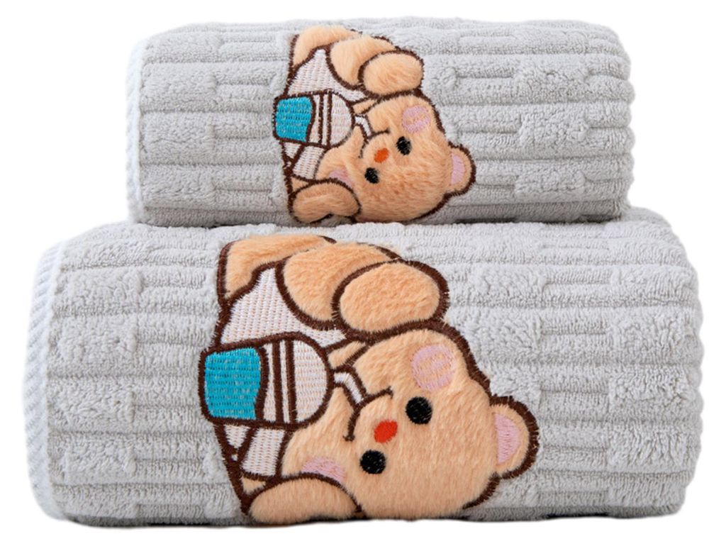 2-teiliges Handtuchset mit Bärenmotiv, bestickt, aus Korallenvlies, schnelltrocknend, ideal für Bad, Bad, Reisen und Strandurlaub.