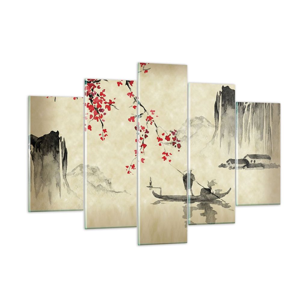 Bilder auf glas - 5 Teile - Blume Kirschen Japan - 150x100cm - Glasbilder - Wandbilder - Bilder - zum Aufhängen bereit - Wanddekoration aus Glas -...