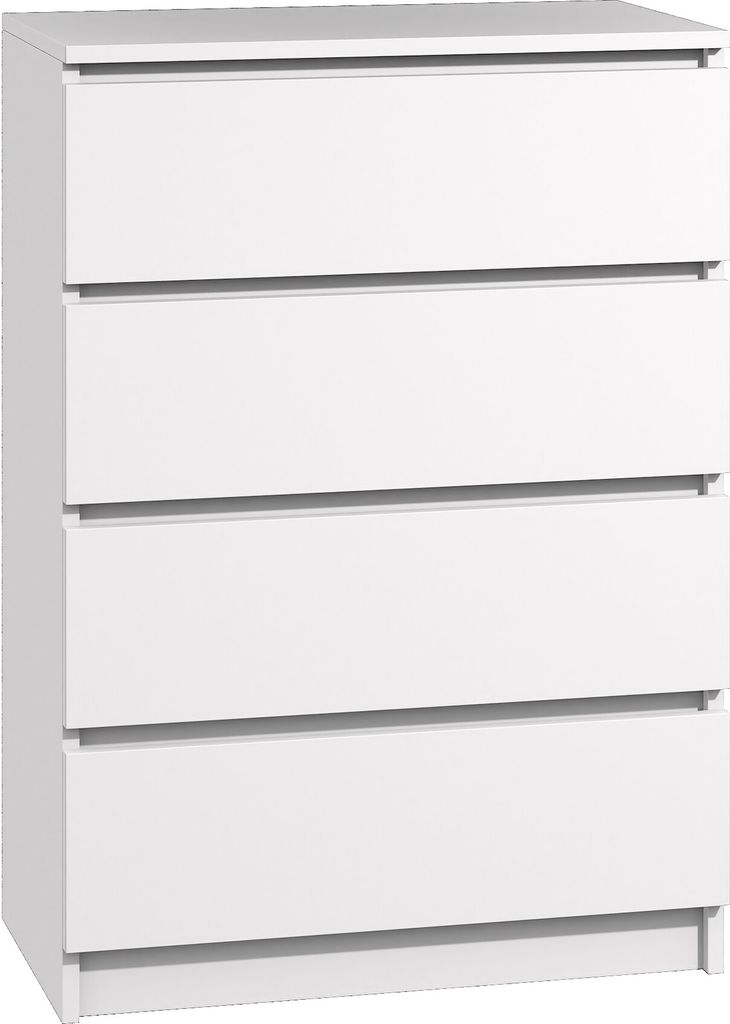 A white, five-drawer chest of drawers is shown against a white background.