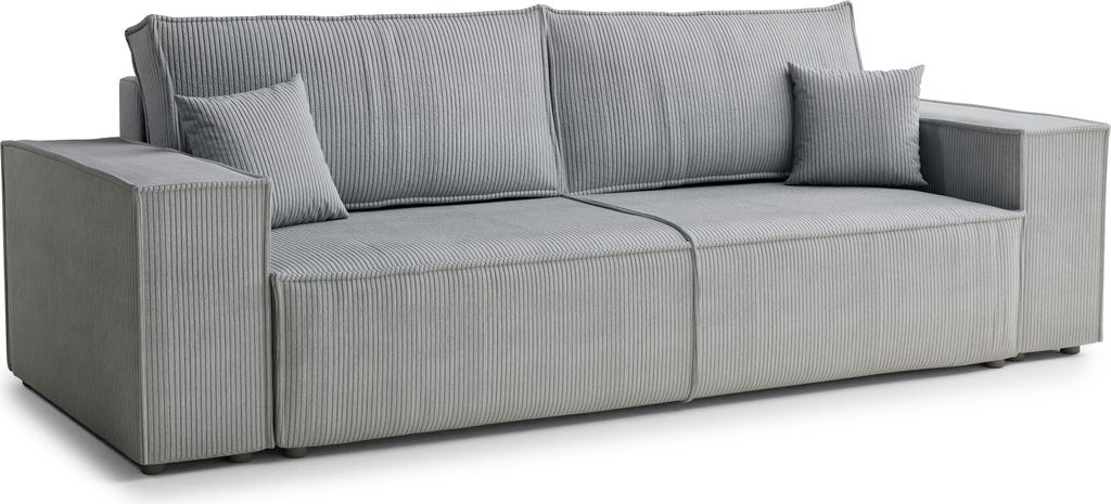 Schlafsofa Livia Interiors Milos 255x105 cm, Sofa mit Schlaffunktion und Bettkasten, 3-Personen Sofa, Sofabett, Samtstoff Poso, Hellgrau Farbe