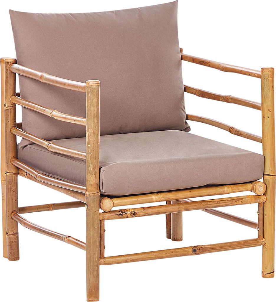 BELIANI Sessel Hellbraun und Taupe Bambusholz mit Armlehnen Auflagen Kissen Boho Rustikal Modularer Gartensessel Outdoor Terrasse Ausstattung