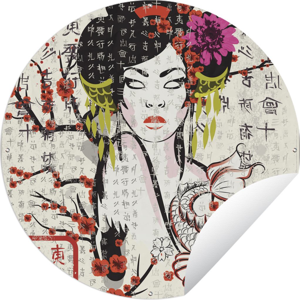 MuchoWow Gartenposter Outdoor-Poster Rund Japanische Illustration traditionelle Frau Ø 150 cm Gartendeko Rundes Poster draußen