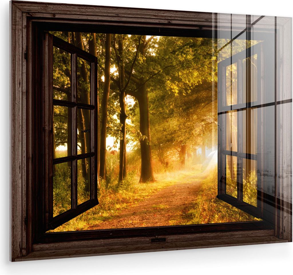 MuchoWow Glasbilder - Bilder auf Wandbild - Foto auf Glas Wald - Bäume - Sonnenlicht - Herbst - Waldweg - Natur - Ausblick 80x60 cm Wanddekoration...