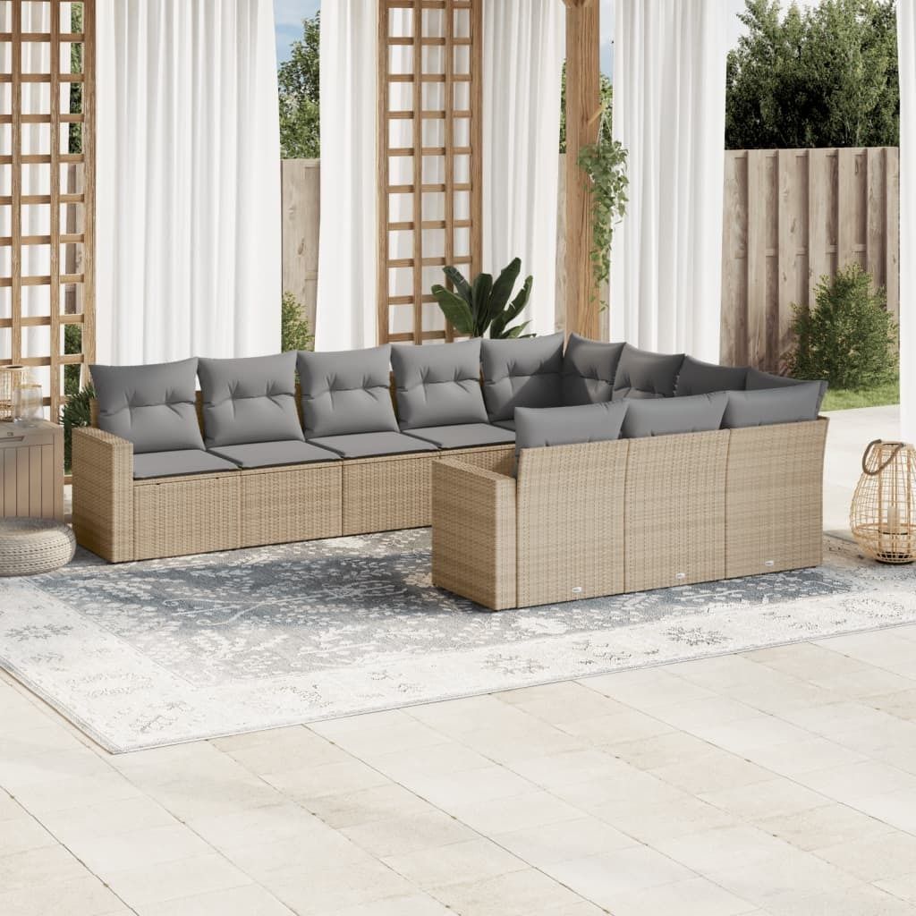 Design 10-tlg. Garten-Sofagarnitur mit Kissen Beige Poly Rattan, Gartenmöbel-Sets 2024 Neu