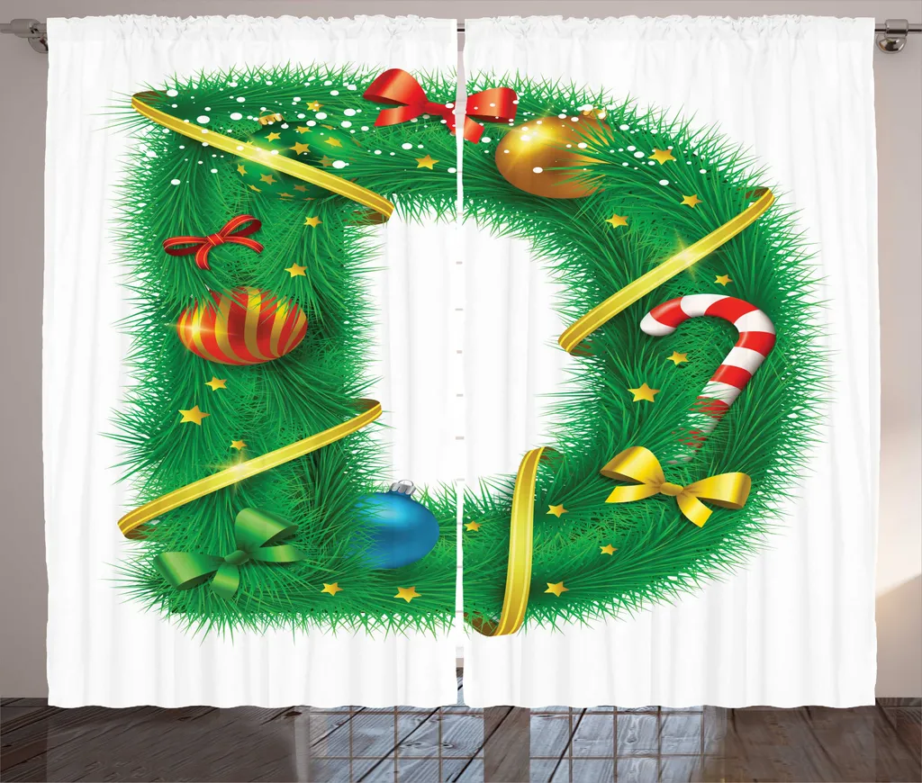 Rideau de Noël blanc et vert motif rustique avec bande universelle D