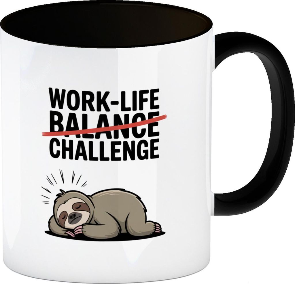 Work-Life Balance/Challenge Kaffeebecher in schwarz mit Faultier